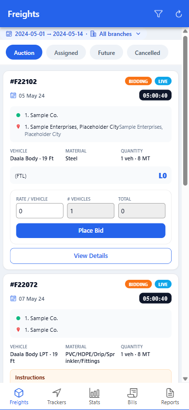 The iBidLogistics mobile app's Freights tab on the transporter side, filtered to live auctions.