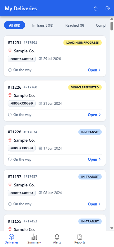 The iBidLogistics mobile app's My Deliveries view for a consignee, listing inbound shipments by status.