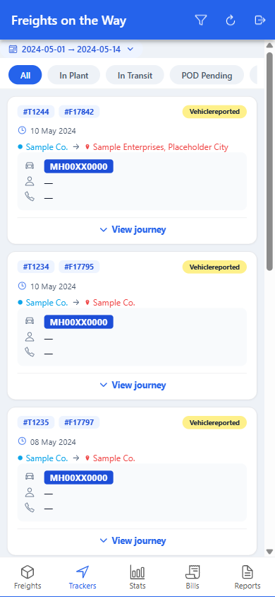 The iBidLogistics mobile app's Freights on the Way view for a transporter, tracking trips through in-plant, in-transit and proof-of-delivery stages.