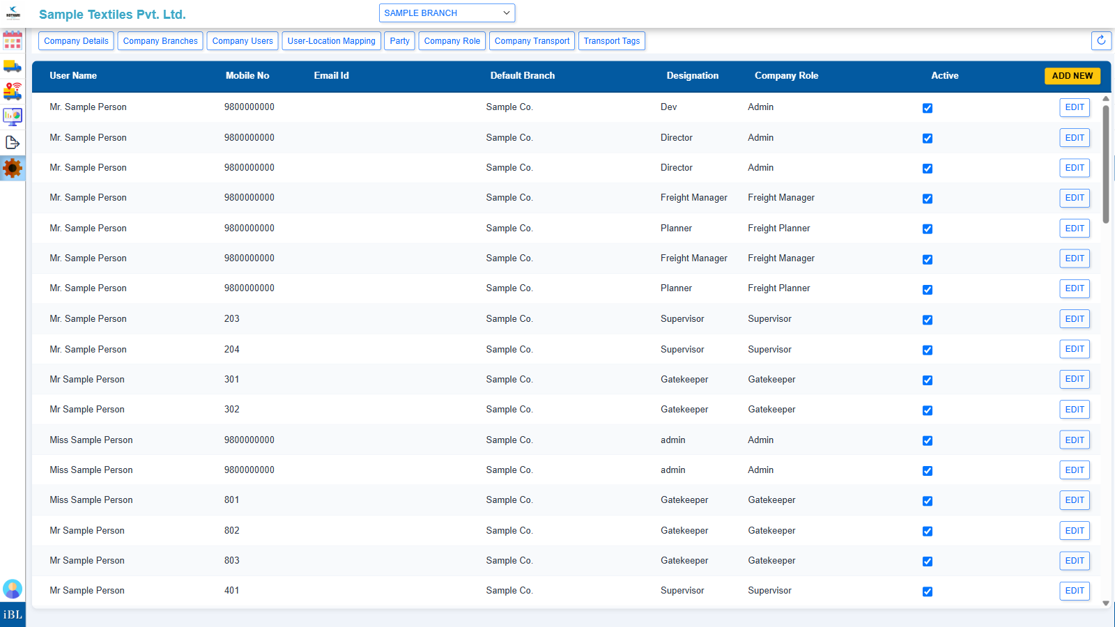 The iBidLogistics company administration console: the Company Users list with each user's default branch, designation and role, alongside tabs for branches, consignees, roles, transporters and tags.