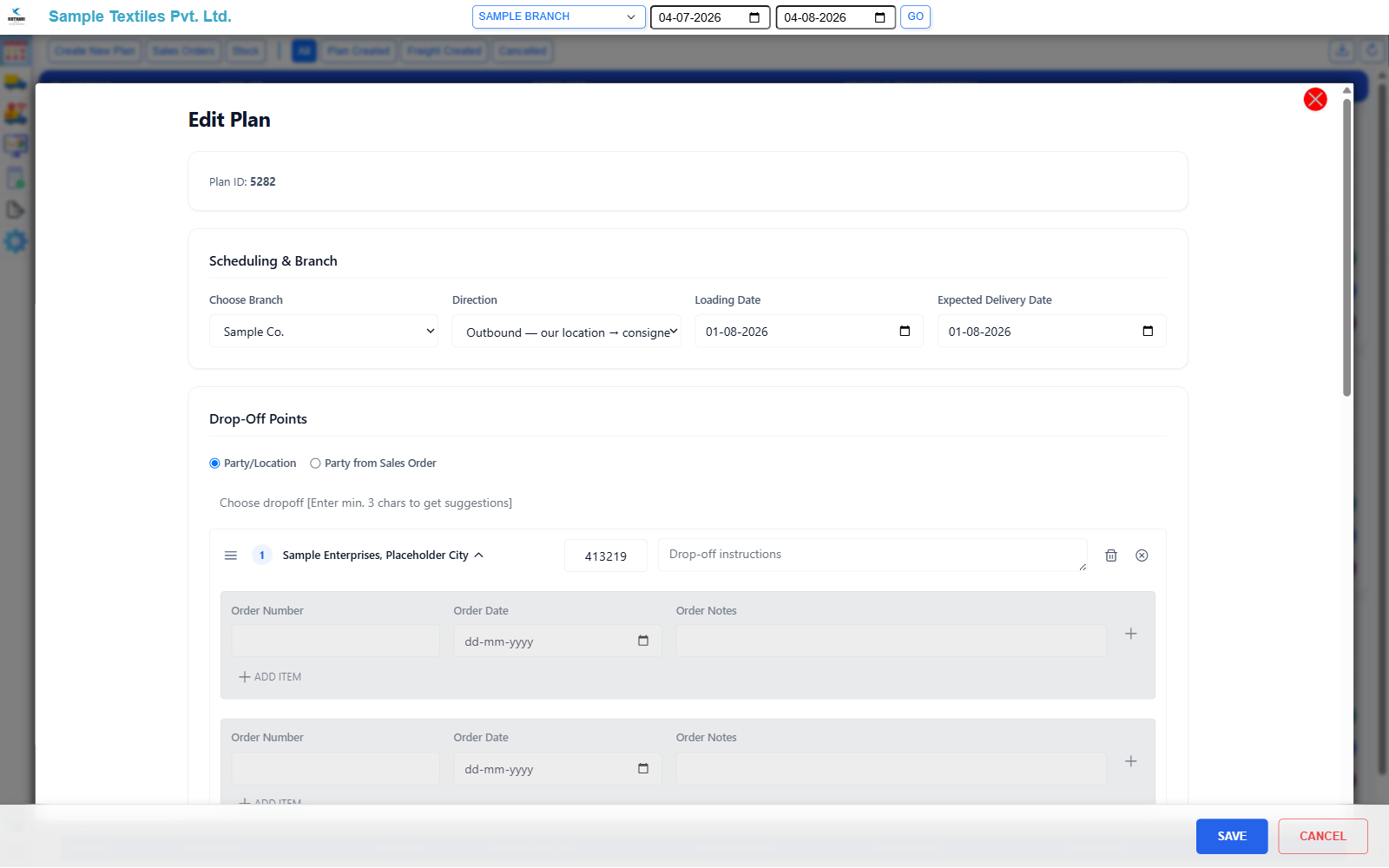Editing a multi-stop dispatch plan in iBidLogistics on the web: branch, direction, loading and delivery dates, drop-off points with pin codes, and per-stop order lines.