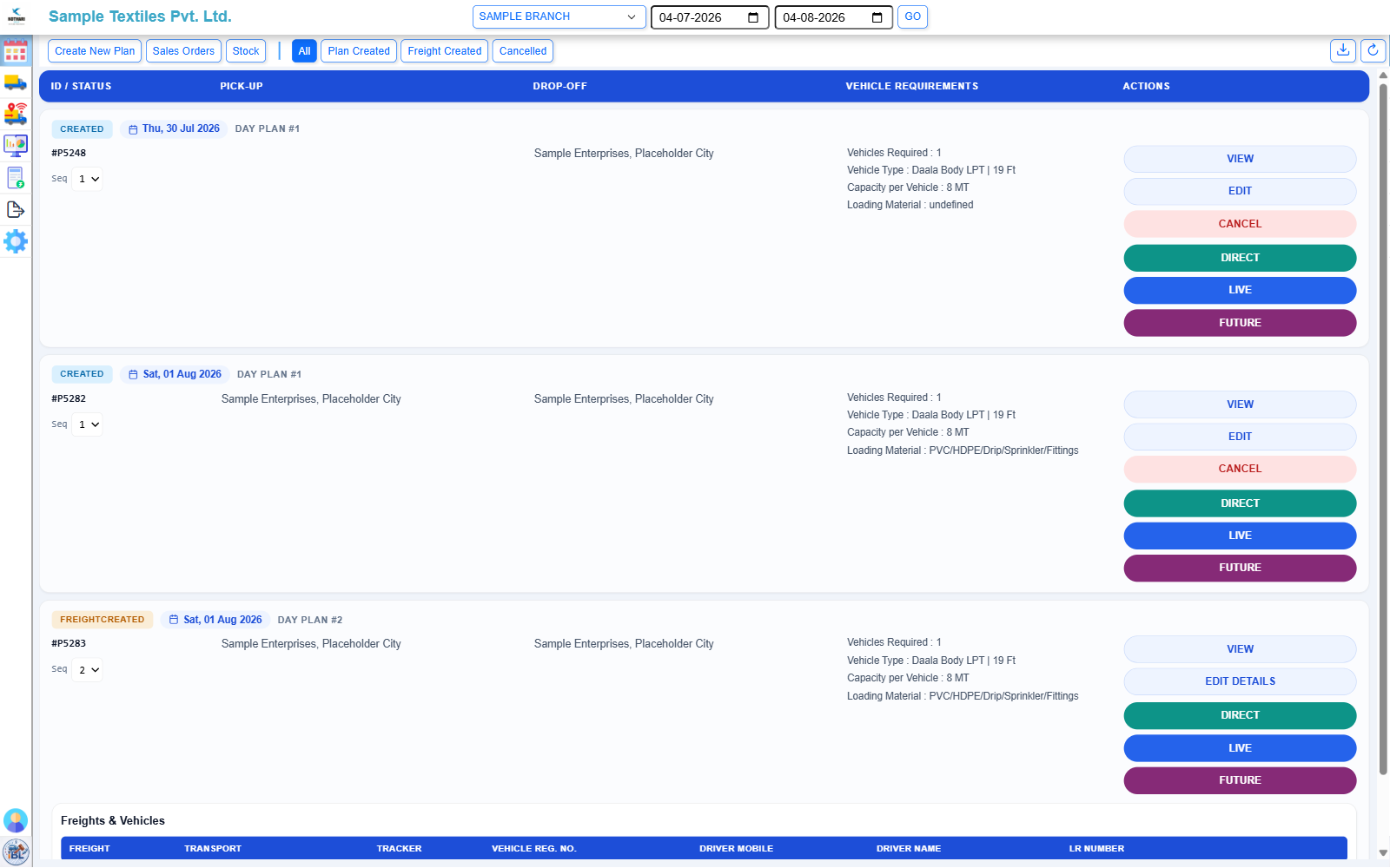 A shipping company's dispatch plan list in iBidLogistics, showing status, pick-up, drop-off and vehicle requirements for each plan.
