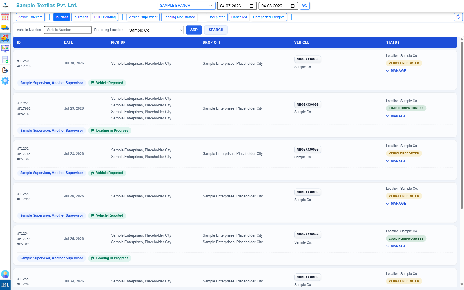 The iBidLogistics dispatcher tracker board on the web, with vehicle search and status tabs for every stage of a trip.